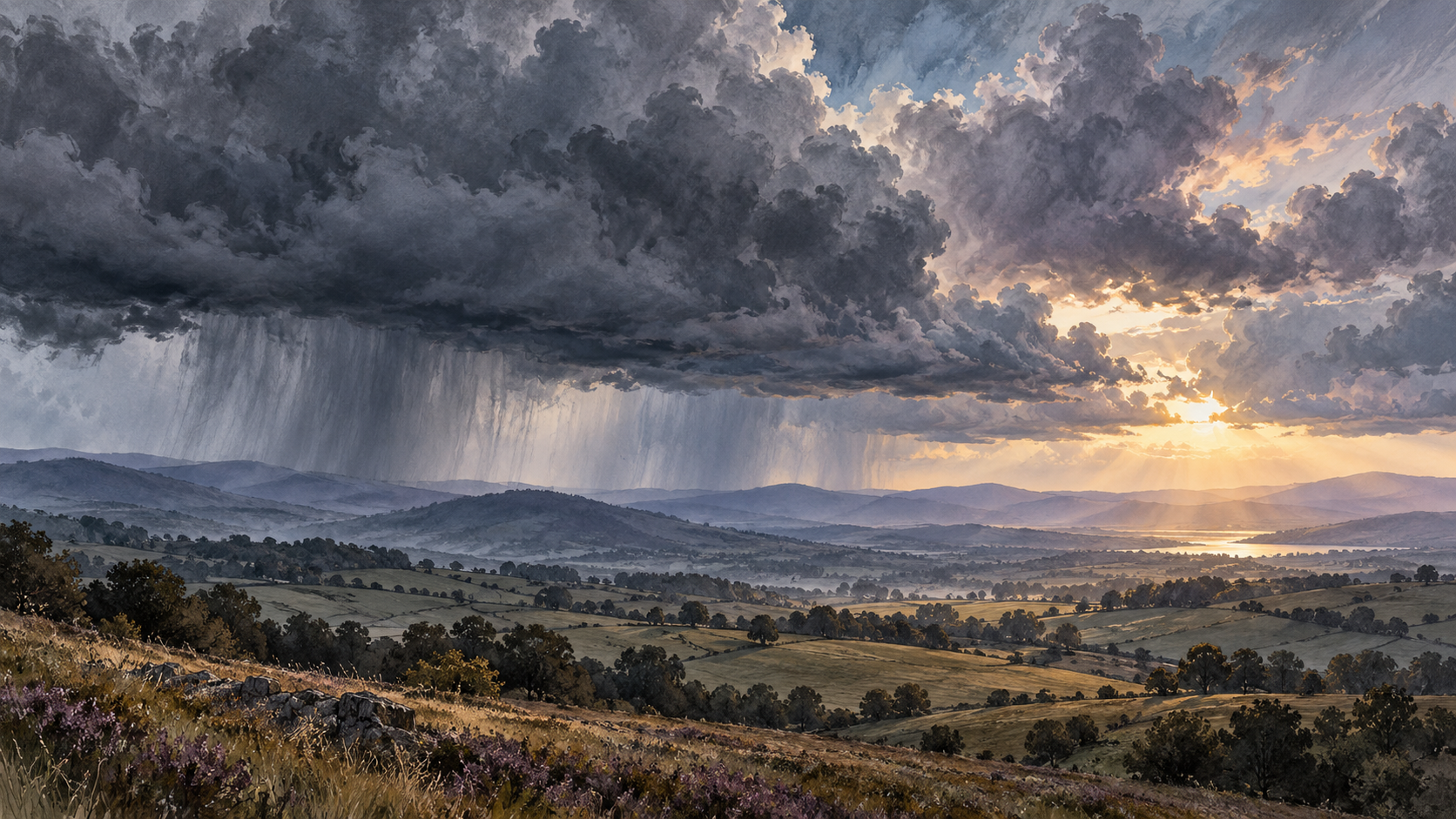 Illustration of storm clouds and distant rain over hills, with sunlight near the horizon.